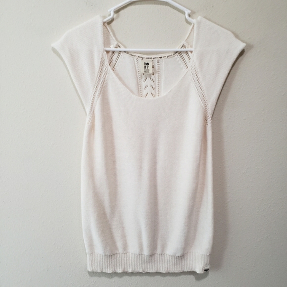 Roxy Cotton Crochet Knit Scoop Neck Short Sleeves Sweater Women's Size XL